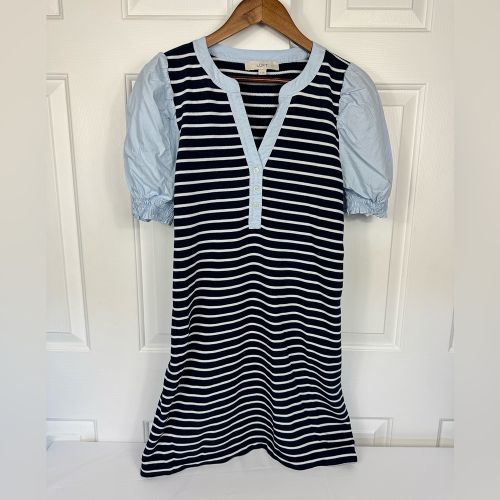 Loft Small Navy Blue Striped Mixed‎ Media V Neck Shift Dress Nautical Preppy